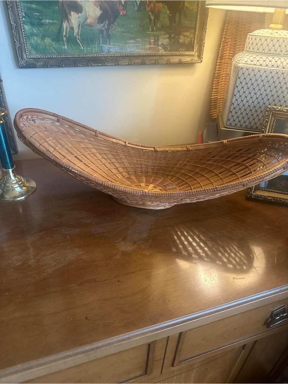 Vintage Handwoven Oval Wicker Bread Basket Bowl - Natural Brown